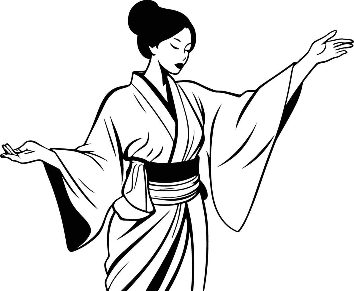 silhouette of a woman wearing a kimono, isolated in white. Ideal for cultural designs, art prints, logos, and digital artwork. vector