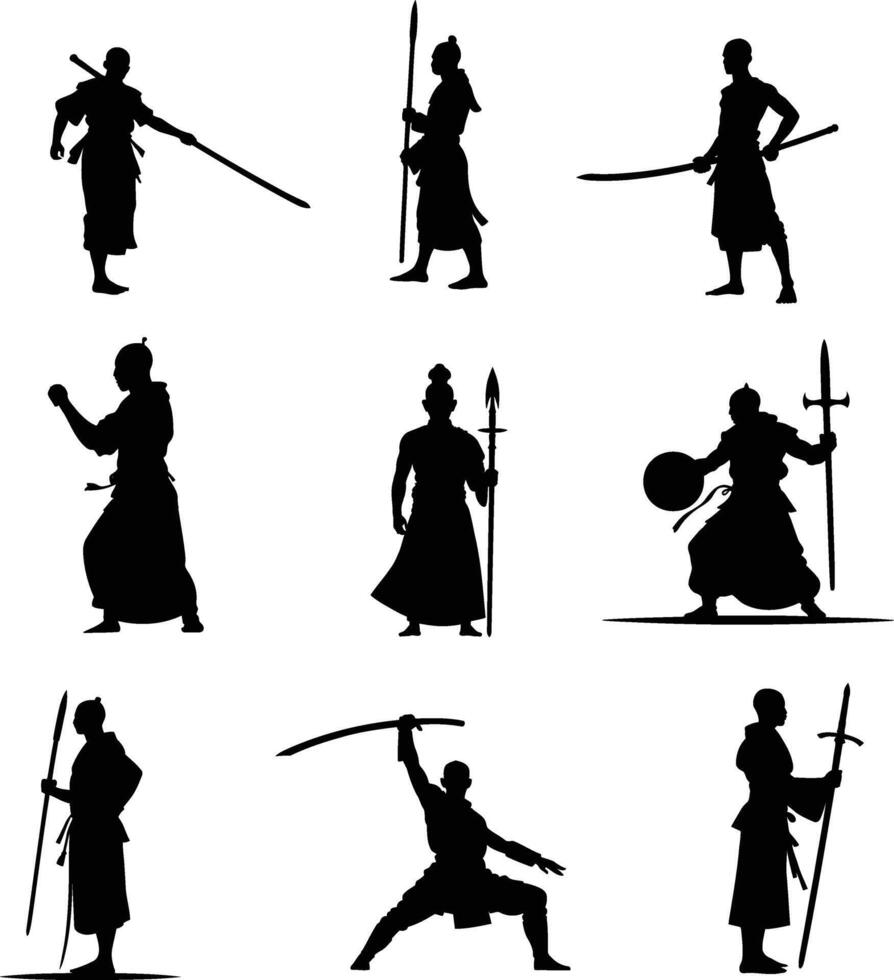 Collection of silhouettes of warrior monk in different poses. Martial arts, Spiritual warrior, Temple guardian, Shaolin monk or fighter. vector
