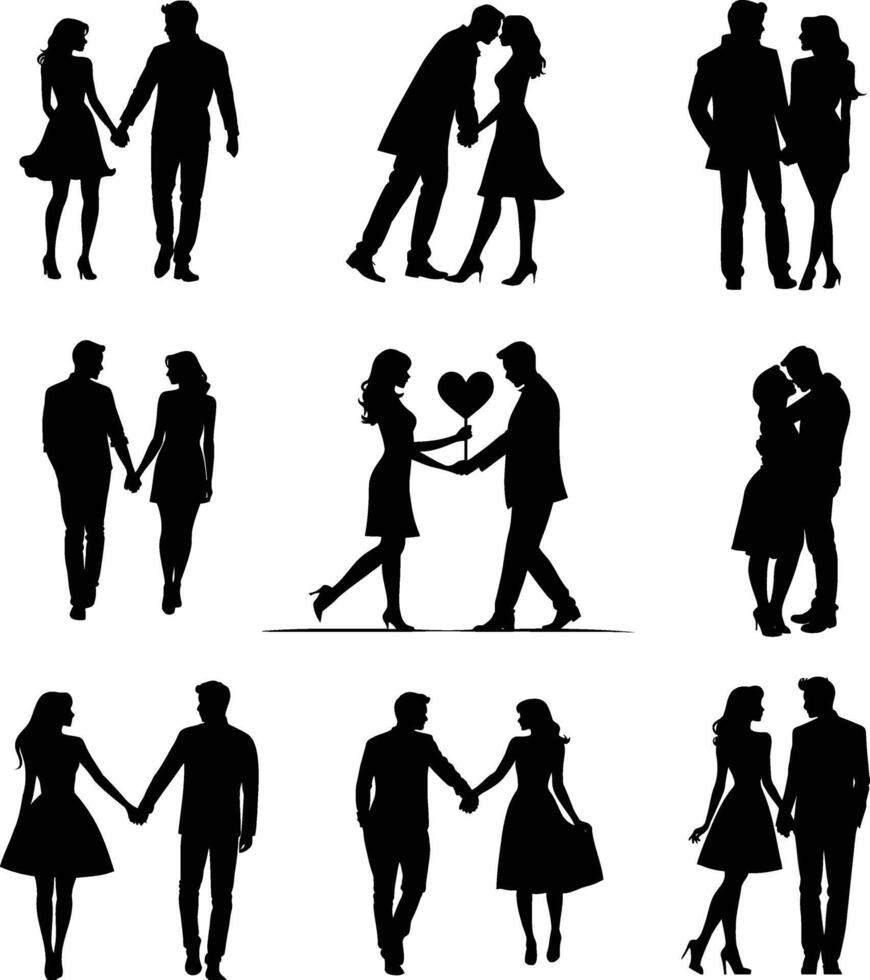 silhouette of Valentine couples holding hands, kissing, and embracing, isolated in white. Ideal for romantic designs, love themes, and digital artwork. vector