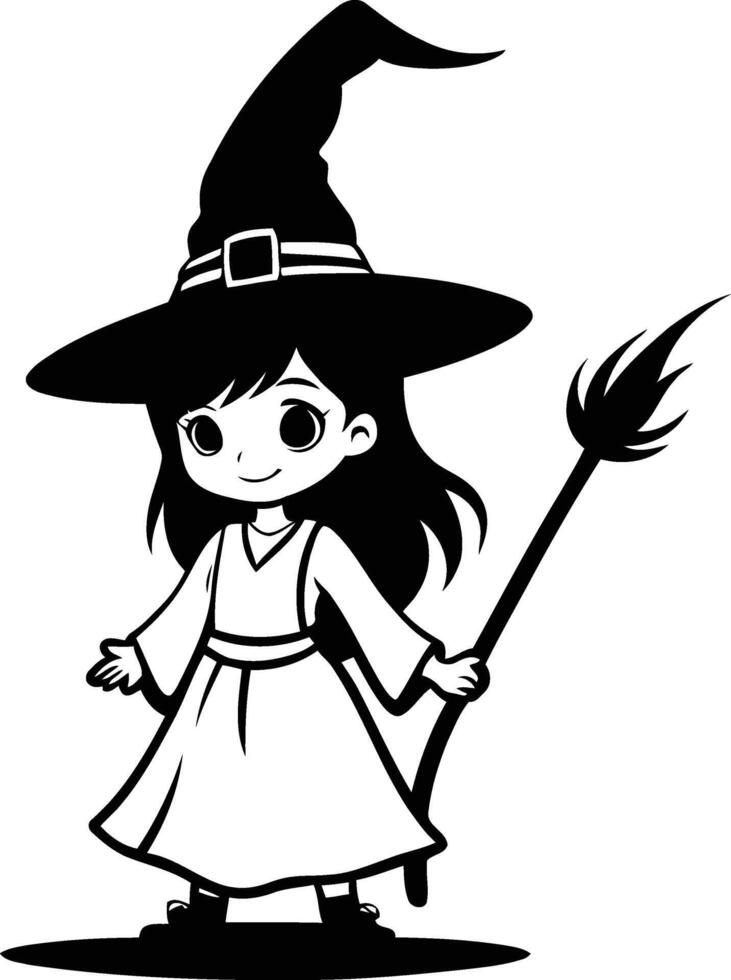 Silhouette of Young Witch Holding Broom in Hand, Depicting Magical Readiness, Witchcraft Elements, and Mysterious Aura in Art vector