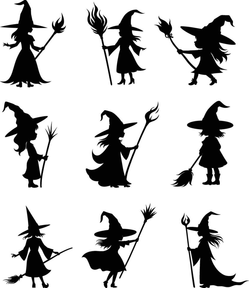 silhouette set of little witches, isolated in white. Ideal for Halloween designs, fantasy illustrations, magical themes, and digital artwork. vector