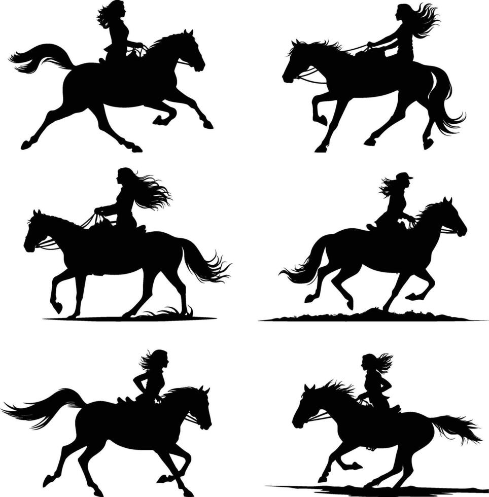 silhouette set of woman riding a horse, isolated in white. Ideal for equestrian designs, logos, and digital artwork. vector