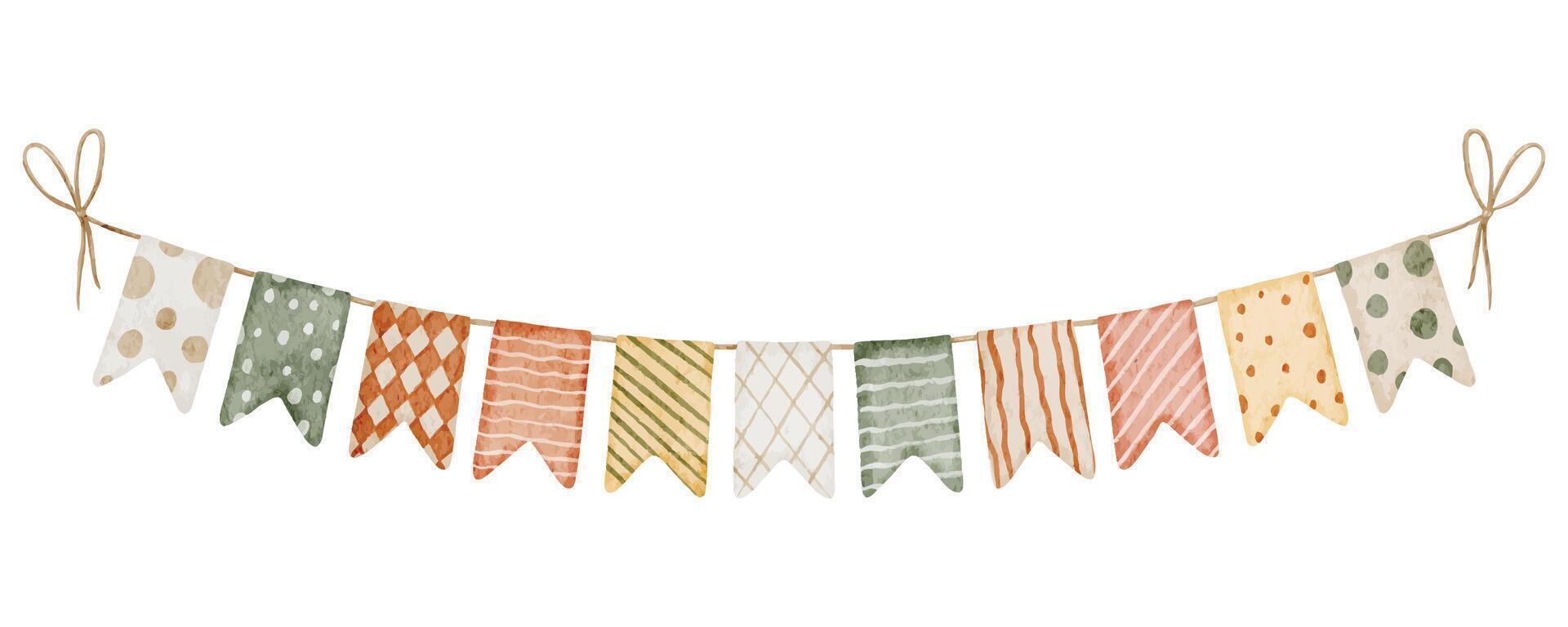 Pennants watercolor illustration in boho style. Drawing of Garlands with orange and yellow Flags for newborn party invitations or celebration greeting cards. Art for festivity string for baby design. vector