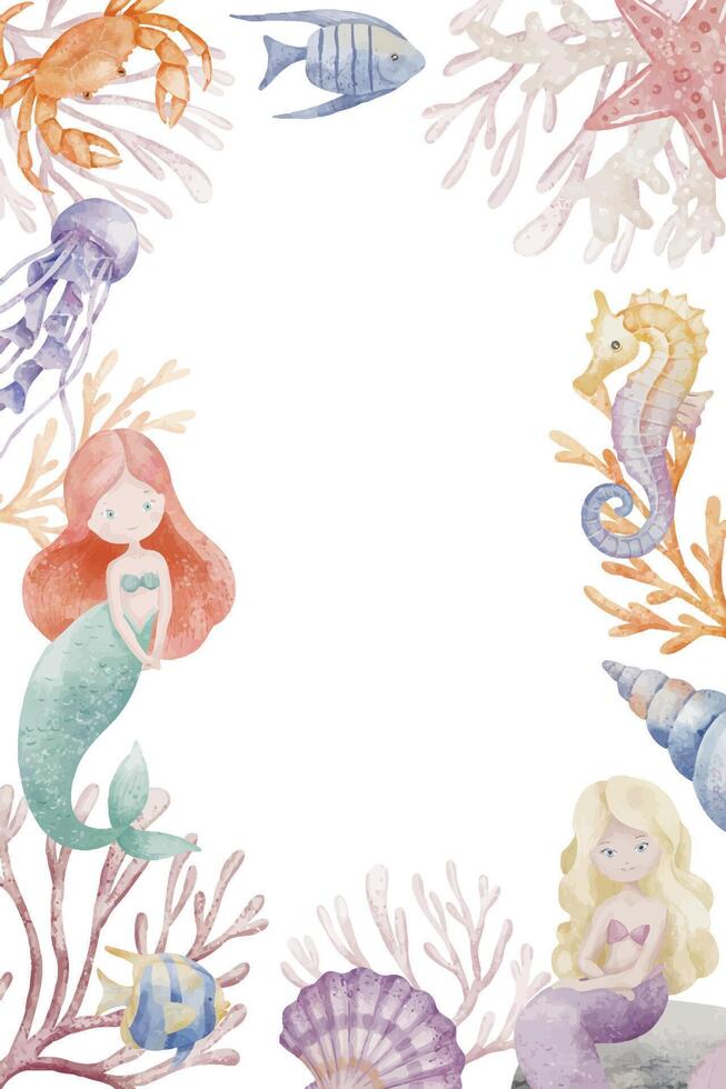 Watercolor template with Mermaids, fish, and sea creatures. Marine fairy tale Background for childish invitations or baby greeting cards. Illustration of underwater Frame for nursery posters. vector