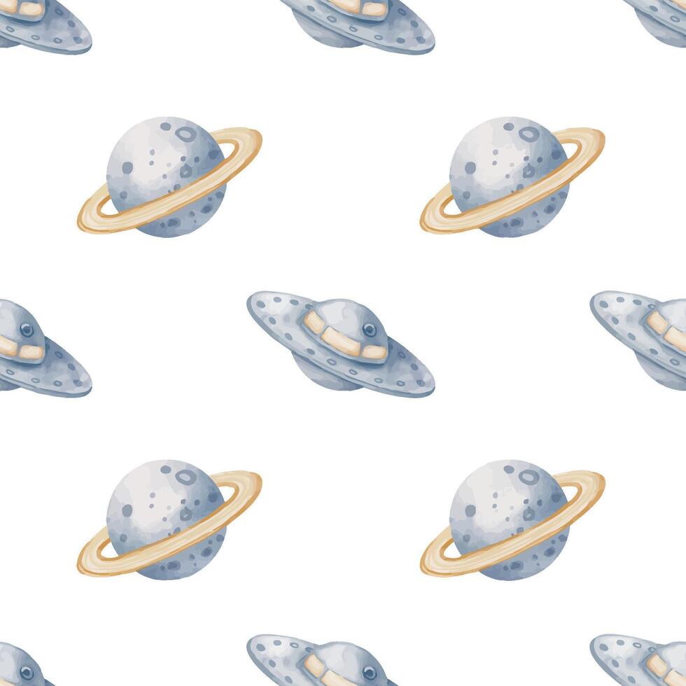 Watercolor seamless Pattern with Planets and UFOs. Illustration of childish Space background wot wrapping paper or textile design. Ornament in pastel colors with Cosmos objects for kids fabric. vector