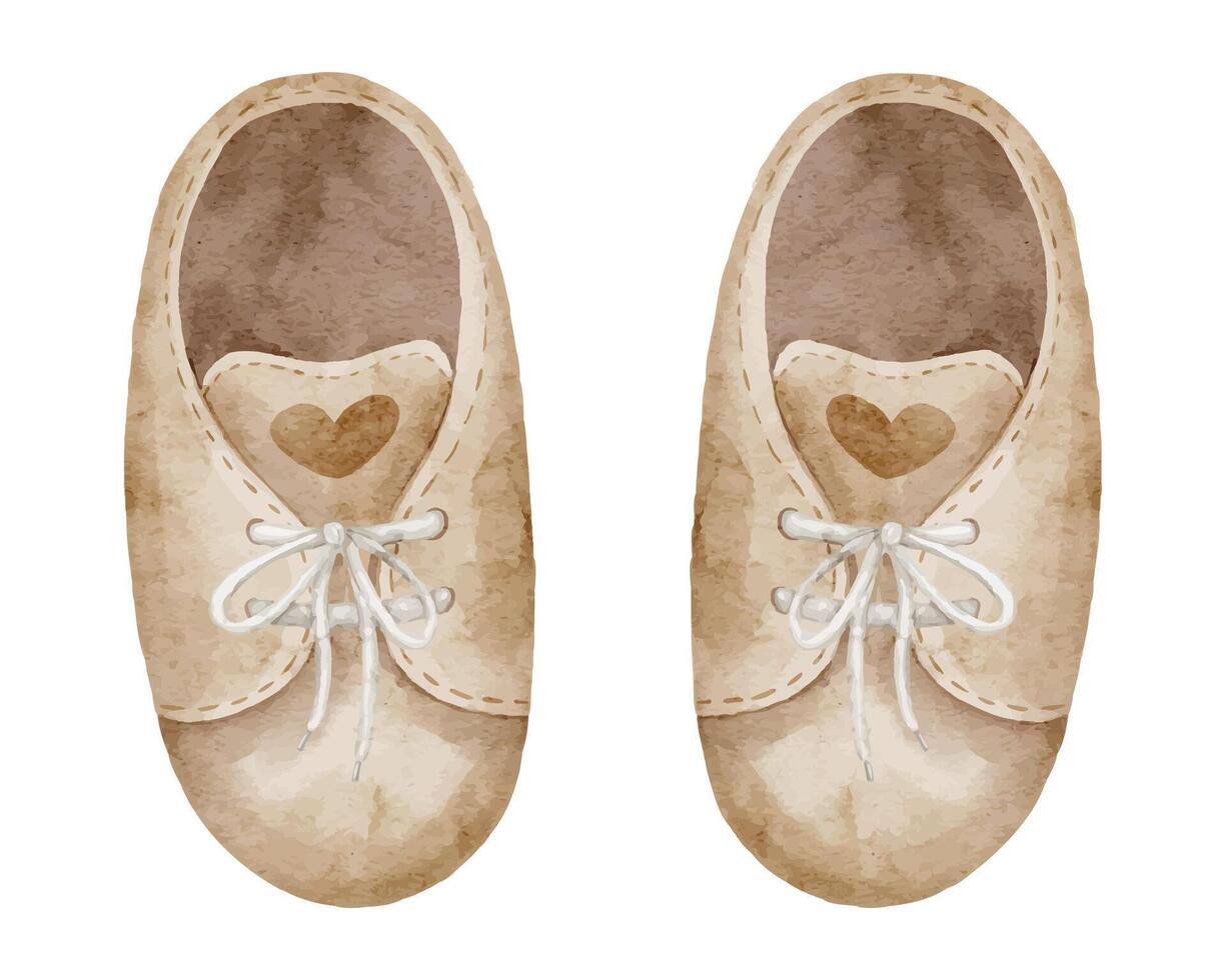 Watercolor illustration of beige Baby Shoes with laces and heart details. Hand-drawn infant footwear design for newborn greeting cards or invitations. Art of toddler accessories for childish design. vector