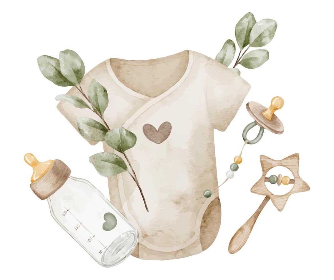 Watercolor illustration of baby bodysuit with pacifier, bottle, rattle, and leaves in soft patel neutral colors. drawing of childish onesie for baby shower invitations or newborn party greeting cards. vector