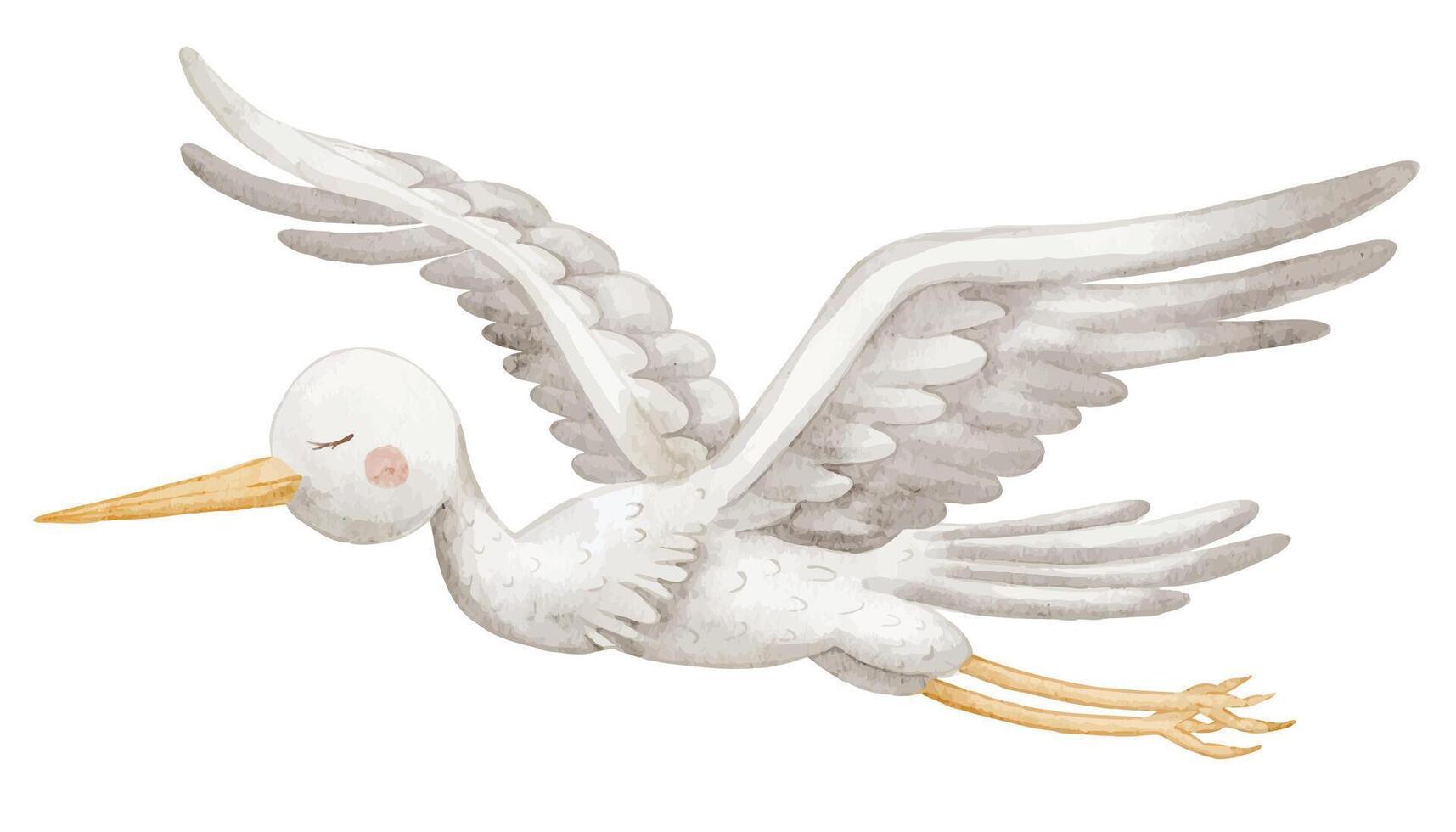 Watercolor illustration of a flying Stork with spread wings and a long beak. Hand-drawn Bird design symbolizing newborn delivery for Baby shower invitations or childish greeting cards in pastel colors vector