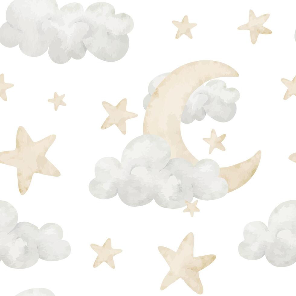 Watercolor seamless pattern of moon, stars, and clouds in pastel beige colors. Illustration of background with crescent in a sky for nursery wallpaper, childish bed linen or baby shower backdrop. vector