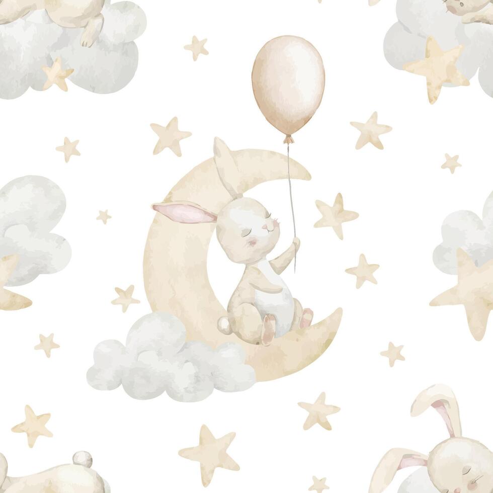 Watercolor seamless pattern of a Bunny sitting on the moon with a balloon and stars. Illustration of background with cute Rabbit and crescent for nursery wallpaper with animals or childish bed linen. vector