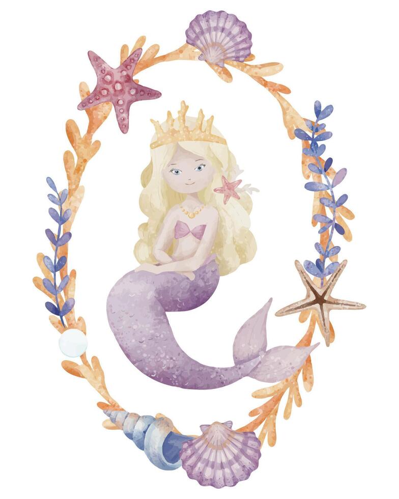 Watercolor illustration of blonde Mermaid in a frame with coral, shells, and starfish. Art with underwater princess for nursery poster or baby invitations and greeting cards. Drawing in pastel colors. vector