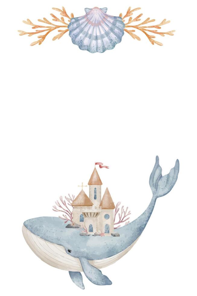 Watercolor Template with Whale carrying a castle and marine elements. Illustration with underwater life for childish invitations or kids greeting cards. Nautical background for nursery posters. vector