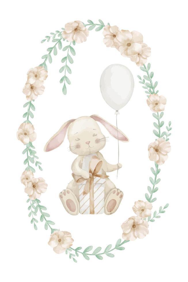 Watercolor illustration of a Bunny sitting with a balloon and gift inside a floral wreath. Hand-drawn Rabbit design for Baby shower cards, birthday invitations, and nursery poster in pastel colors. vector