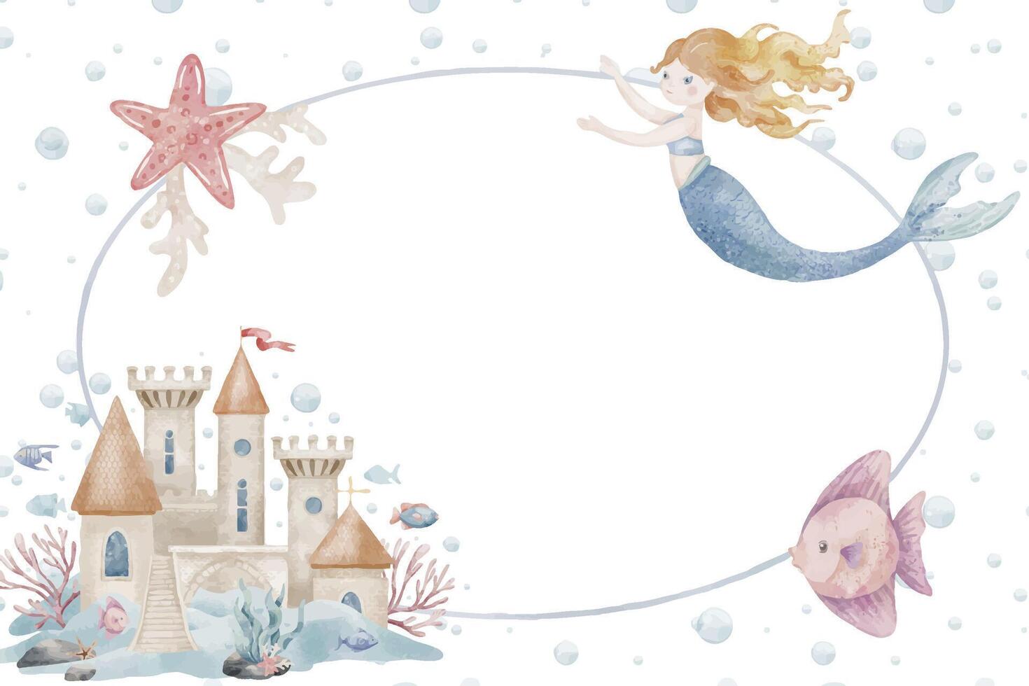 Watercolor Template with mermaid, fish, and an underwater castle. Illustration for kids invitations, childish greeting cards, or baby posters. Marine frame with underwater life for backgrounds. vector