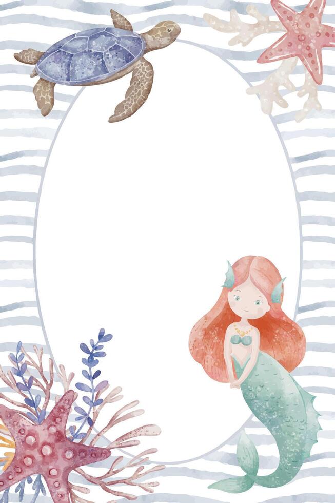 Watercolor Template with Mermaid, turtle, coral, and marine elements. Illustration of Frame for baby invitations, greeting cards, or childish backgrounds. Cute ocean themed frame for kids. vector