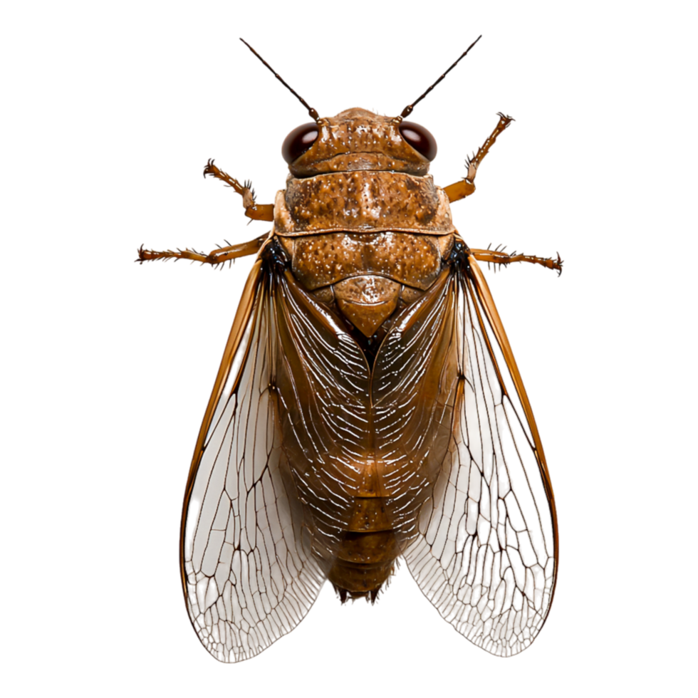 Detailed closeup of Cicada Insect with Transparent Wings and Bioluminescent Eyes png