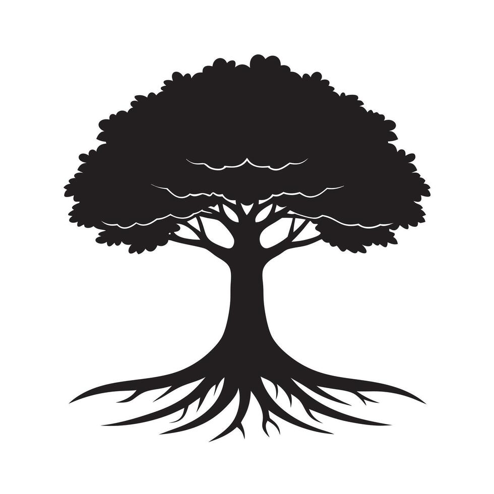 Lonely Oak Tree Black Silhouette With Large Canopy vector