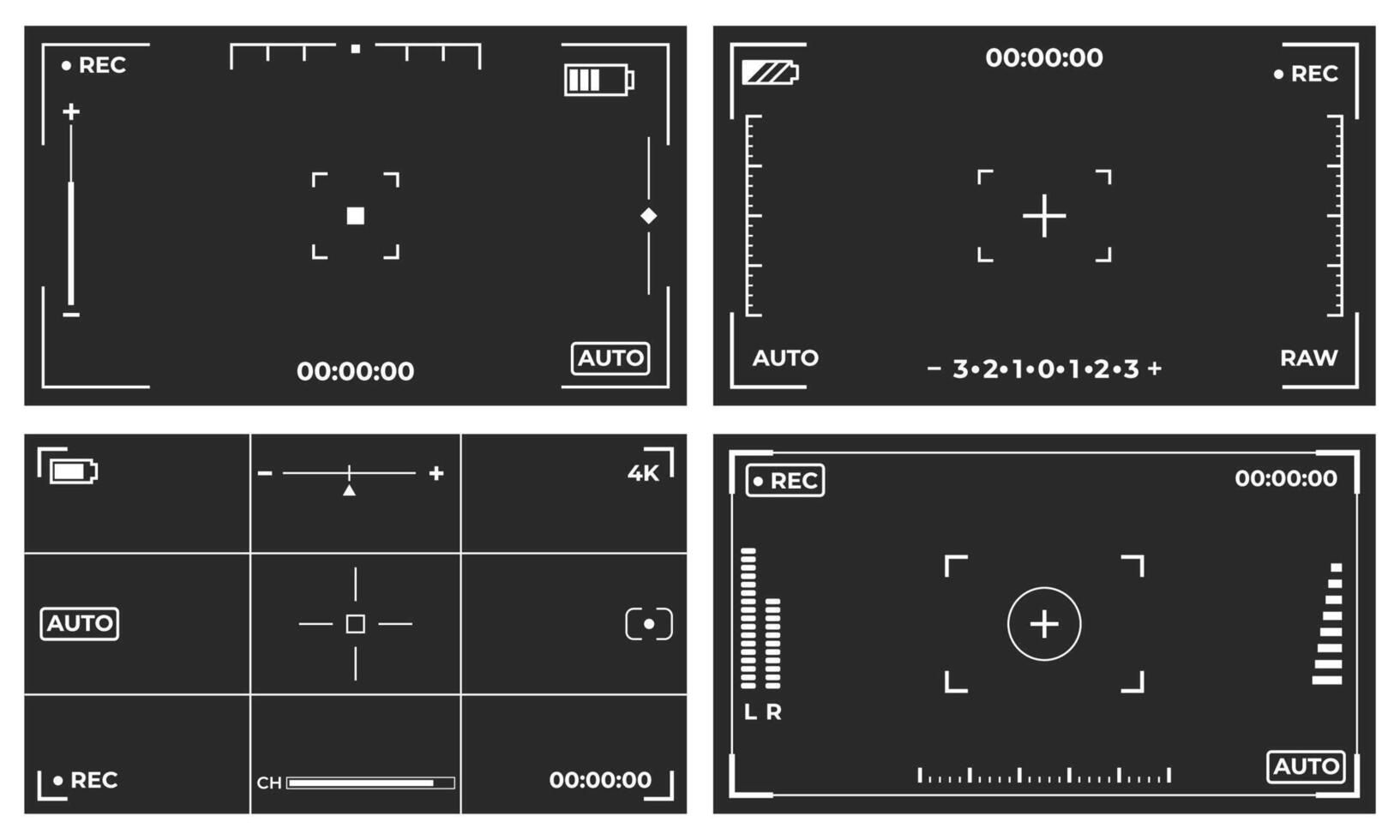 Set of four camera viewfinder screen interfaces showing recording status, battery level, focus points, and grid overlays vector