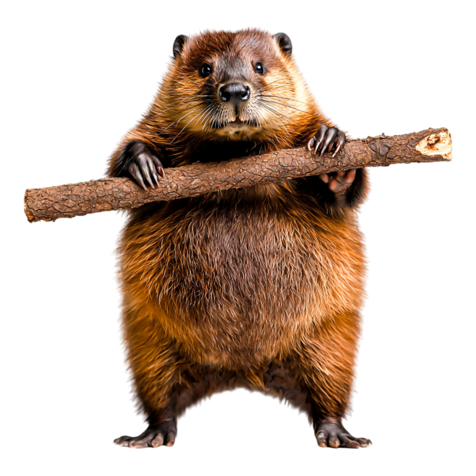 Cute and Chubby Beaver Holding a Stick, Adorable Rodent in Nature Setting png