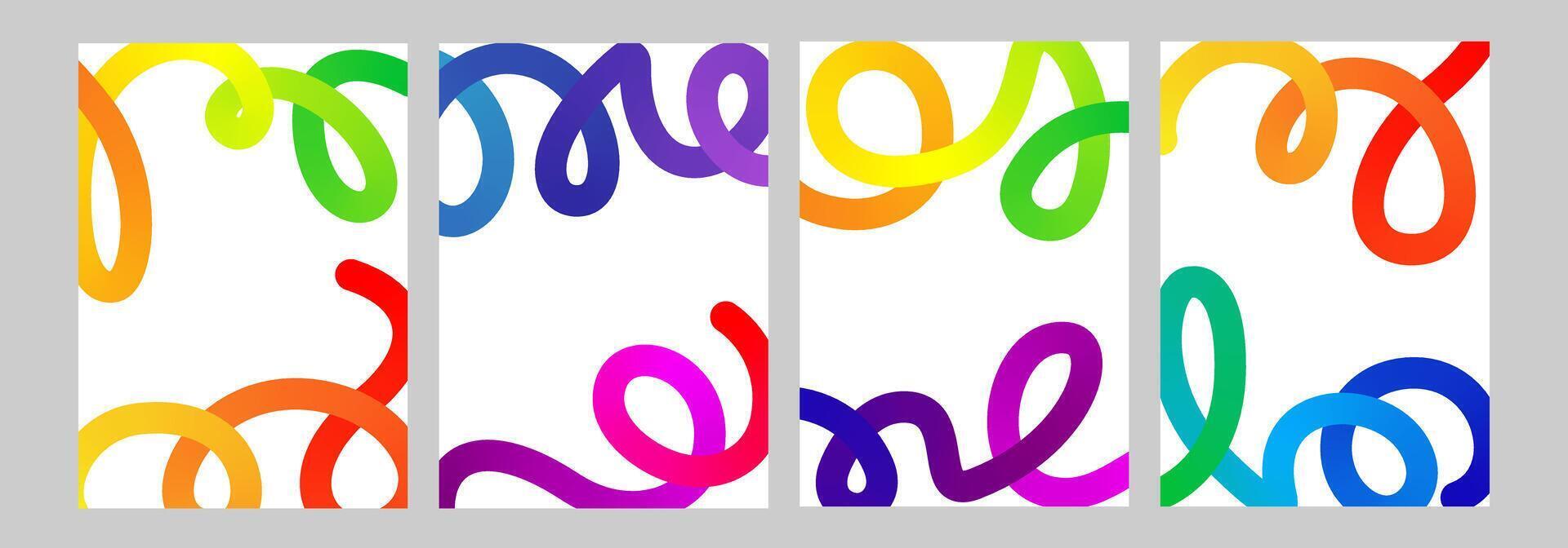 Creative bold gradient stripe poster. Curved vivid color wavy line set. Bright bent ribbon twisted decoration, abstract curved swirl path, fun wavy squiggle stroke frame. Twist carnival spiral ribbon vector