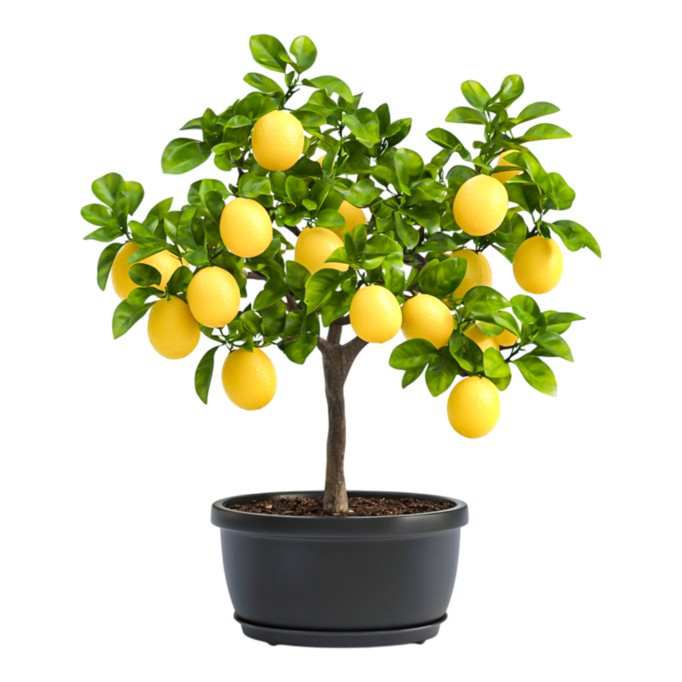 Vibrant Lemon Tree with Bright Yellow Lemons in a Modern Black Pot png