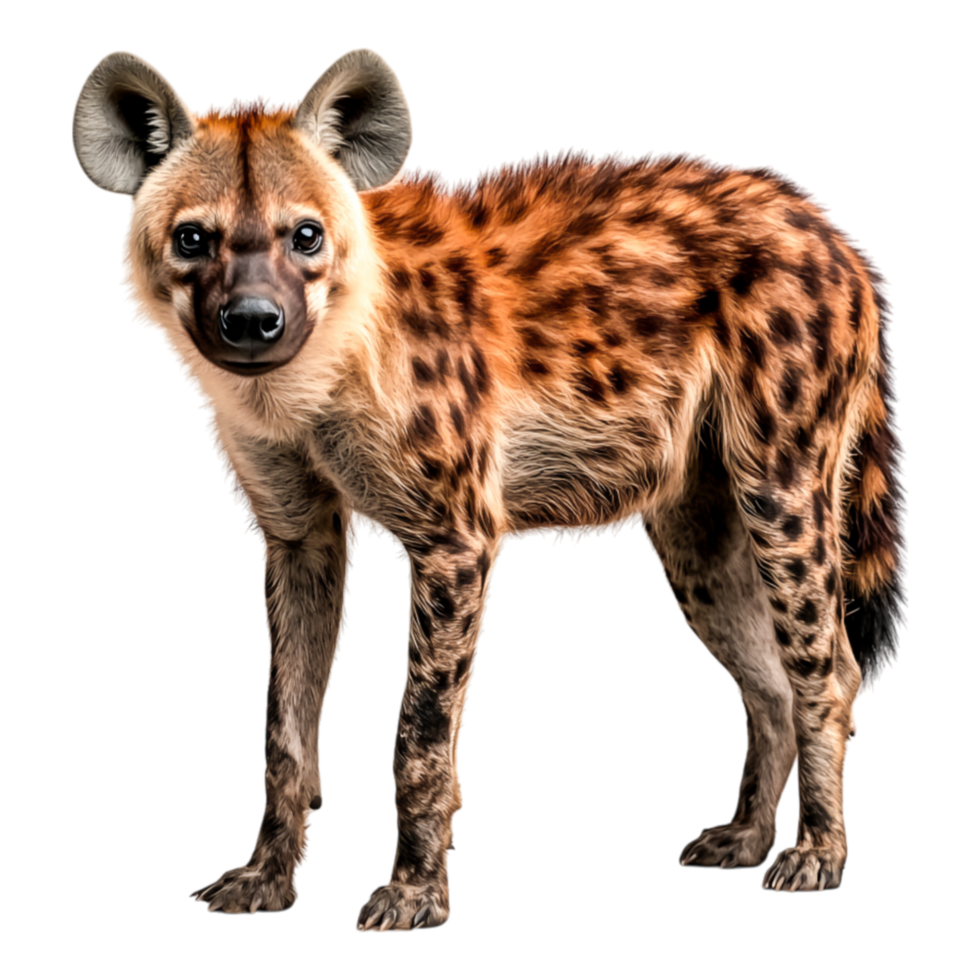 Realistic portrait of a hyena with striking fur patterns and curious expression png