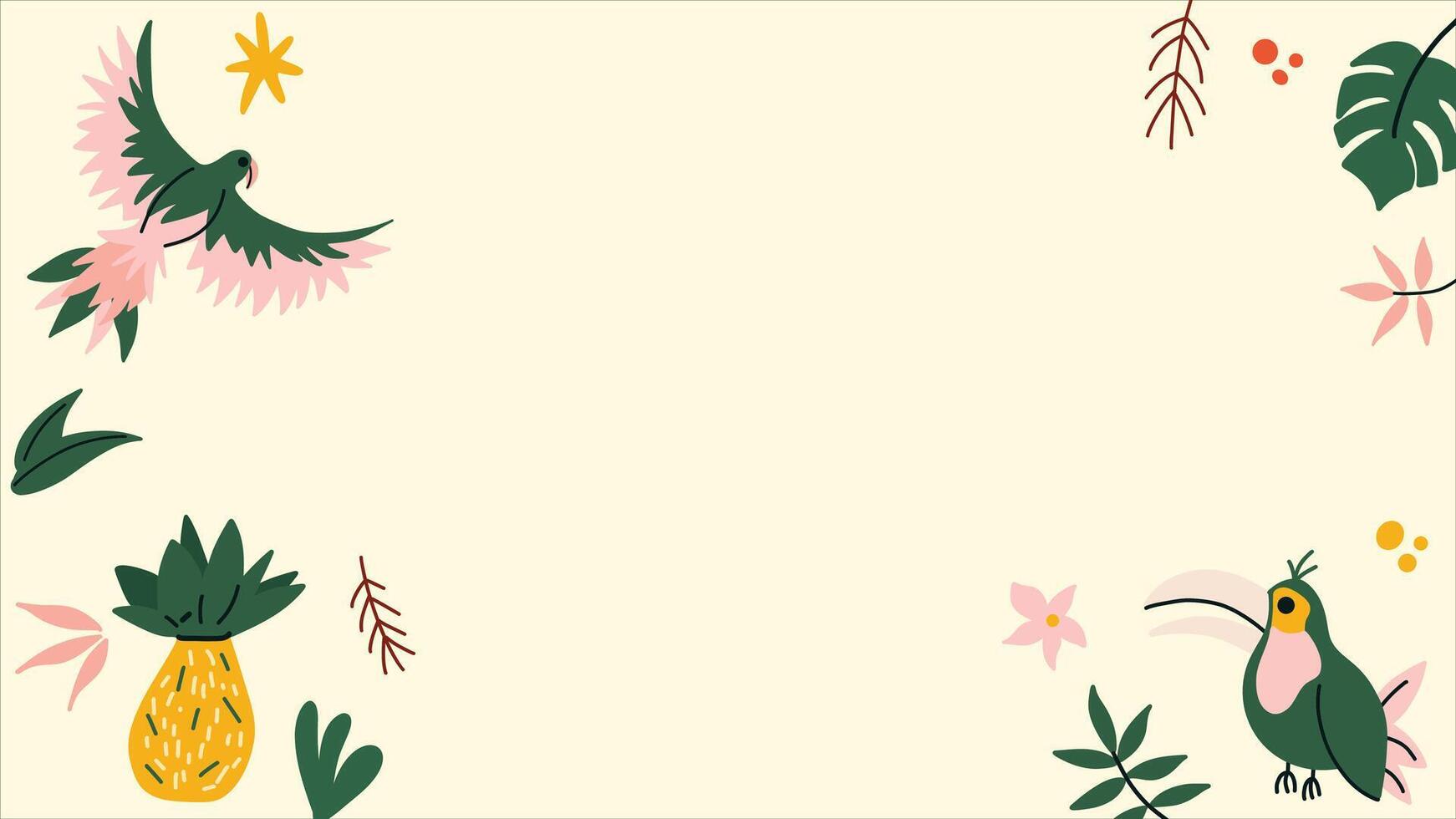 Tropical Frame with Colorful Birds, Pineapple, and Jungle Elements vector