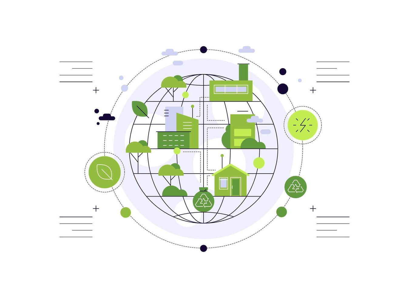 Alternative energy sources and eco friendly living. Ecosystem. Globe with infrastructure objects vector