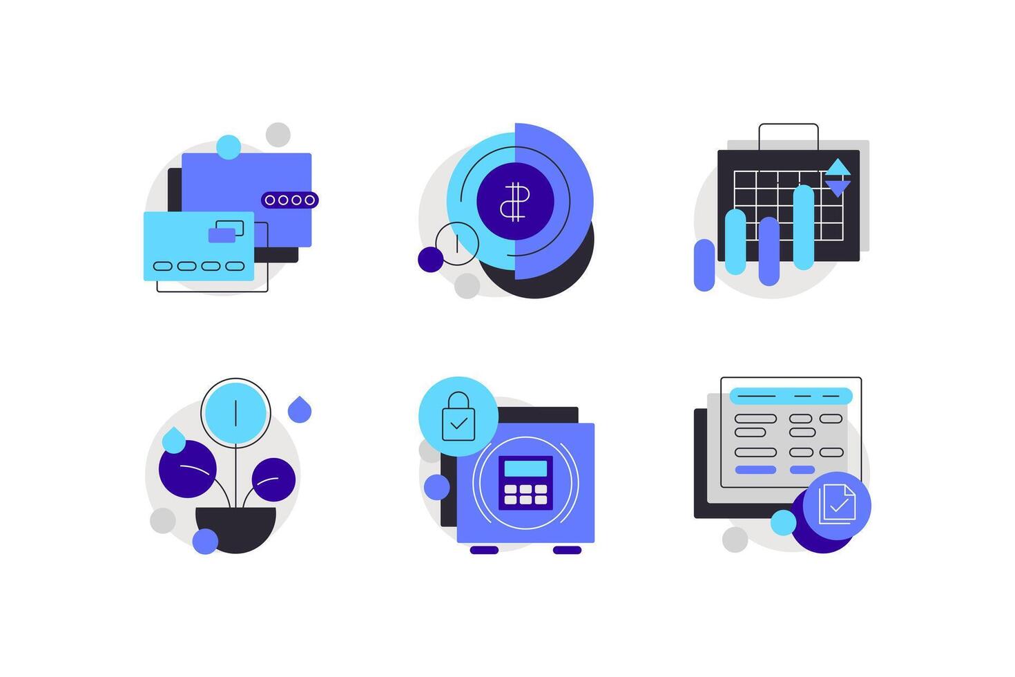Modern banking service. Bank card, digital wallet, accounting, reports, investment, savings. Set of modern flat and line art icons vector
