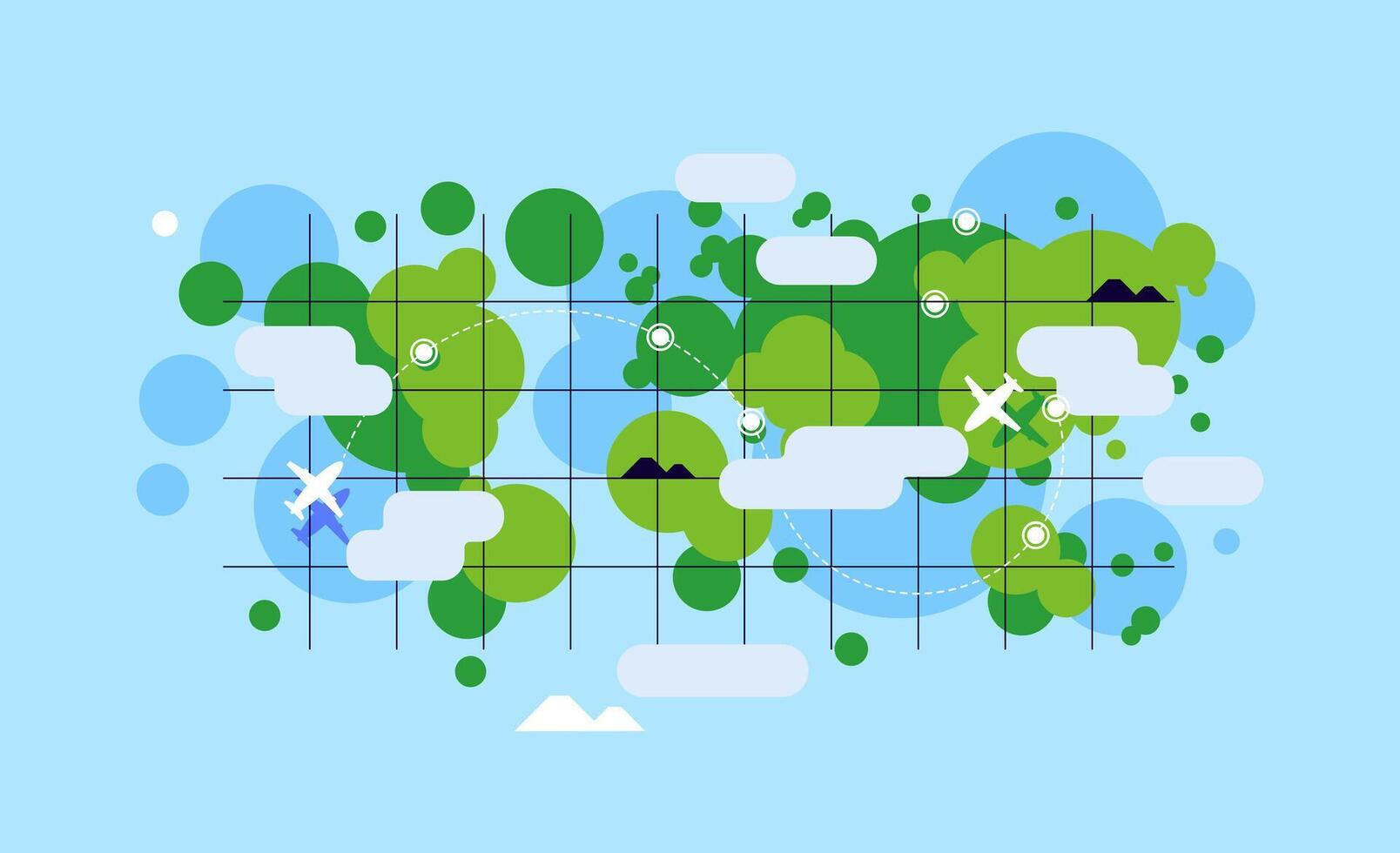 World map and airplane routes. Simple scheme, abstract simple geometric map vector