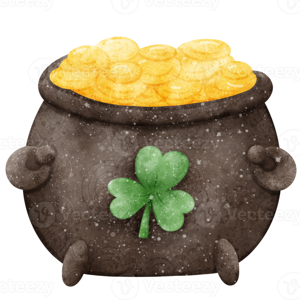pot of gold with shamrock in watercolor style png