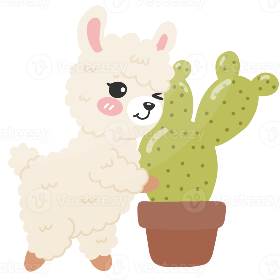 Cute alpaca holding and standing with cactus png