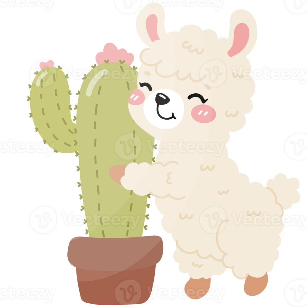 Cute alpaca smiling with cactus and flowers cartoon png