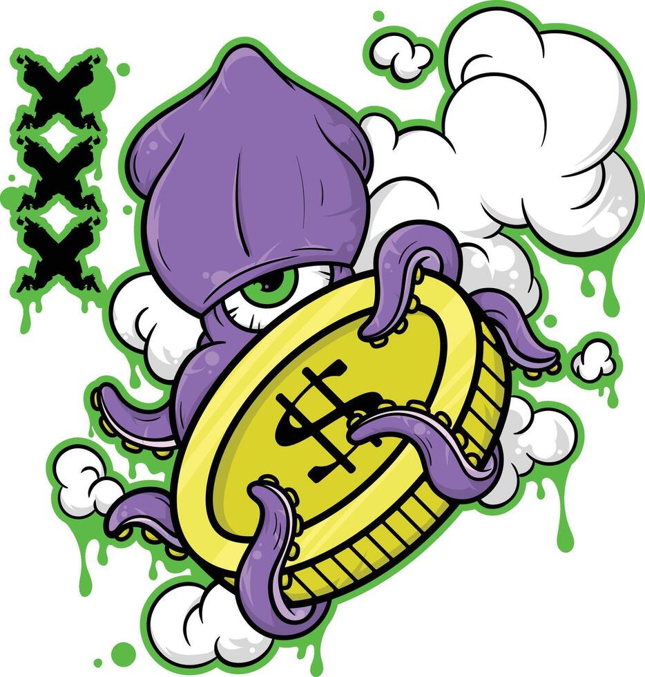 Octopus, squid, cartoon illustration design with graffiti drawing style, full , vector