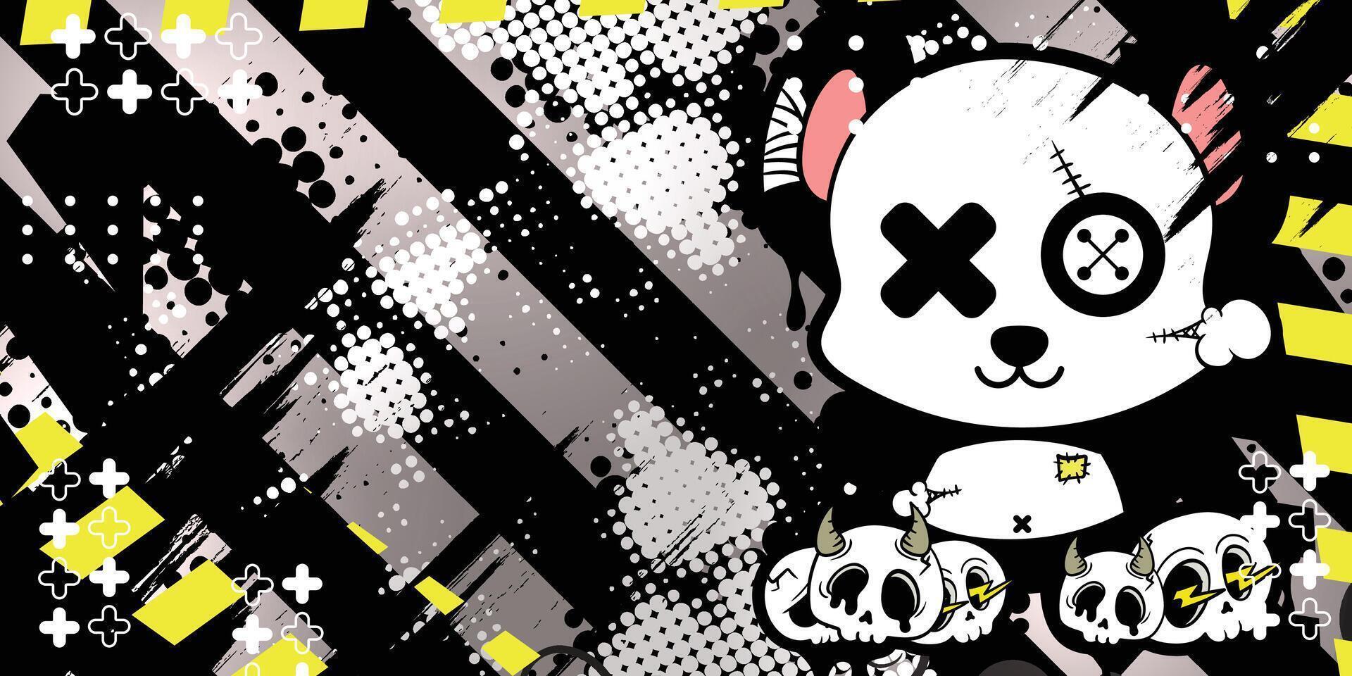 Graffiti abstract background with panda doll and cartoon skull objects vector