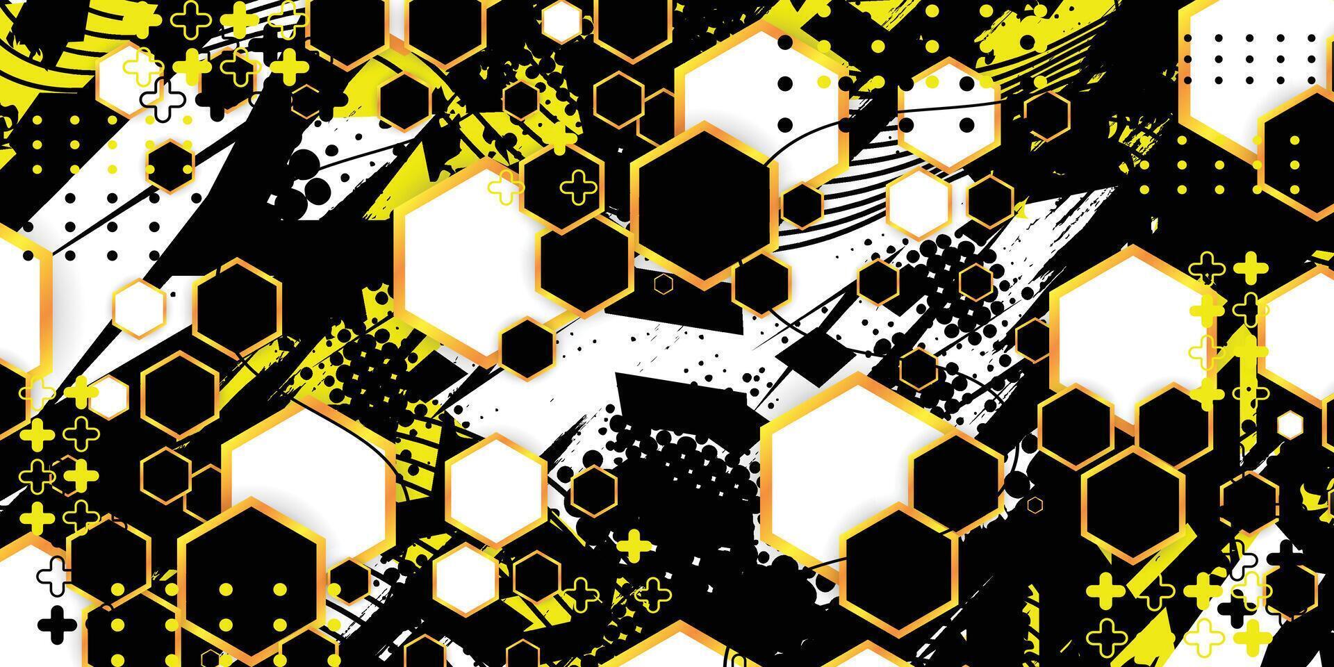 Black, yellow and white abstract pattern design with gold color hexagon pattern, racing background vector