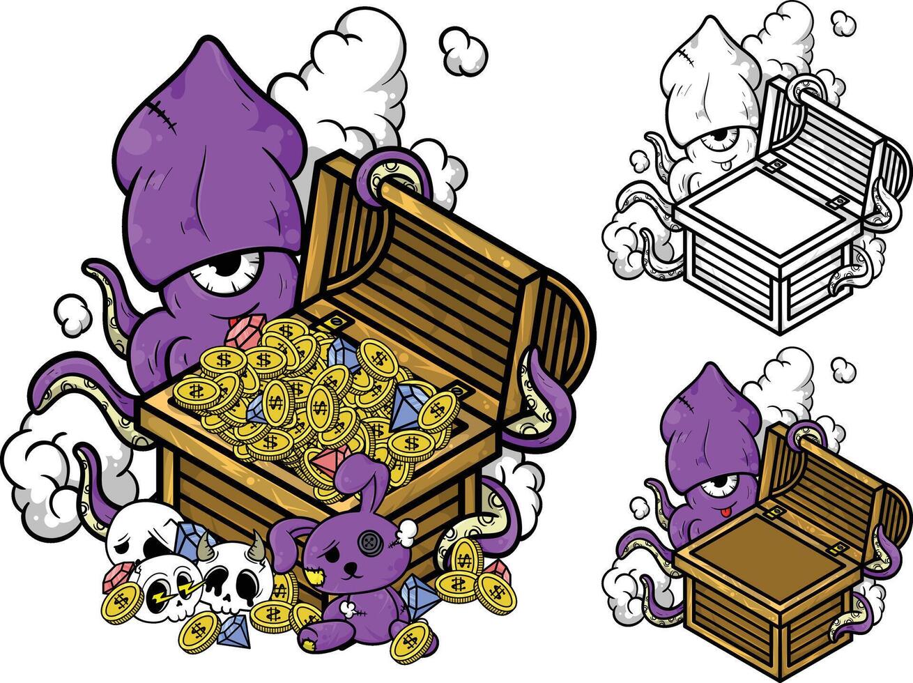 cartoon octopus with treasure chest and skull vector