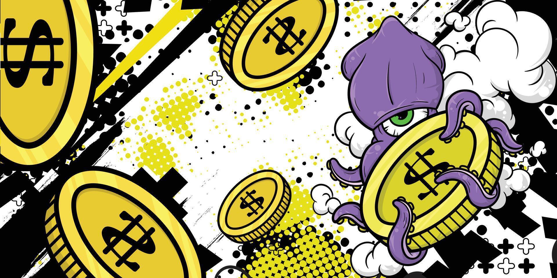 an octopus holding a bunch of coins on a black background vector