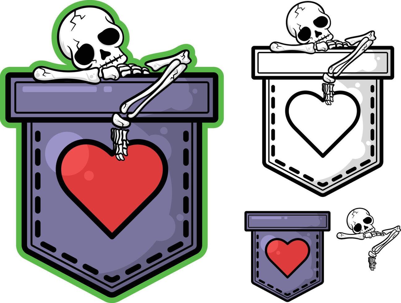 Illustration of a skull in a pocket, cartoon pocket vector