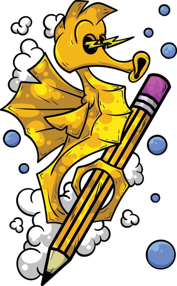 a cartoon seahorse holding a pencil vector