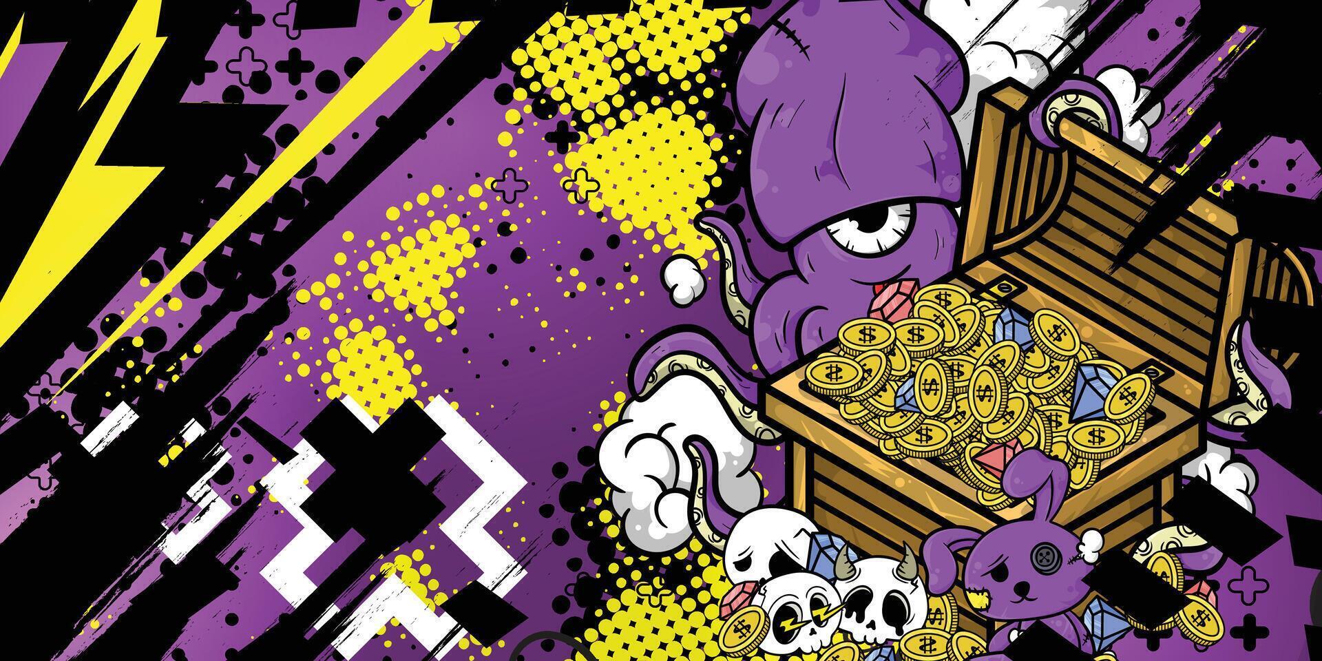 Octopus and treasure chest design with dark abstract racing background vector