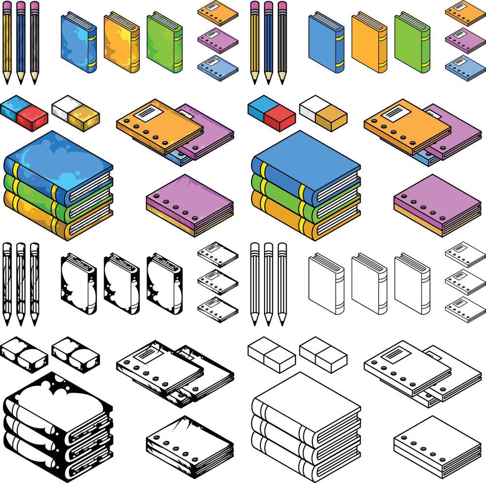 various types of books and other items vector