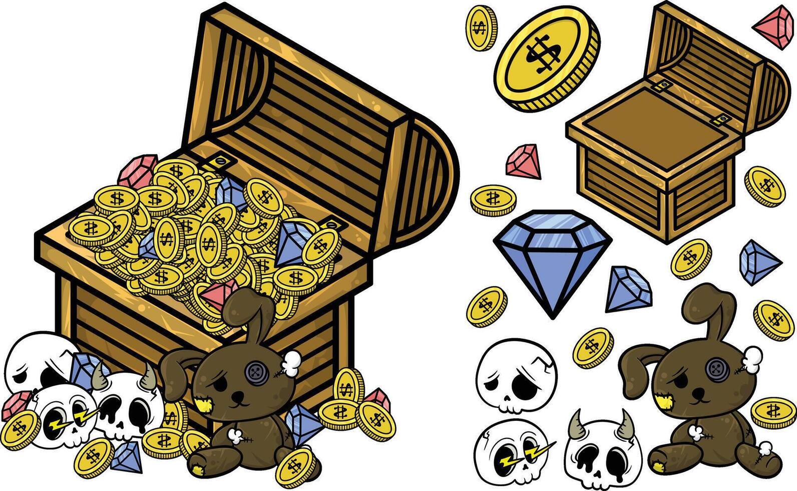 a chest with coins and a dog inside vector