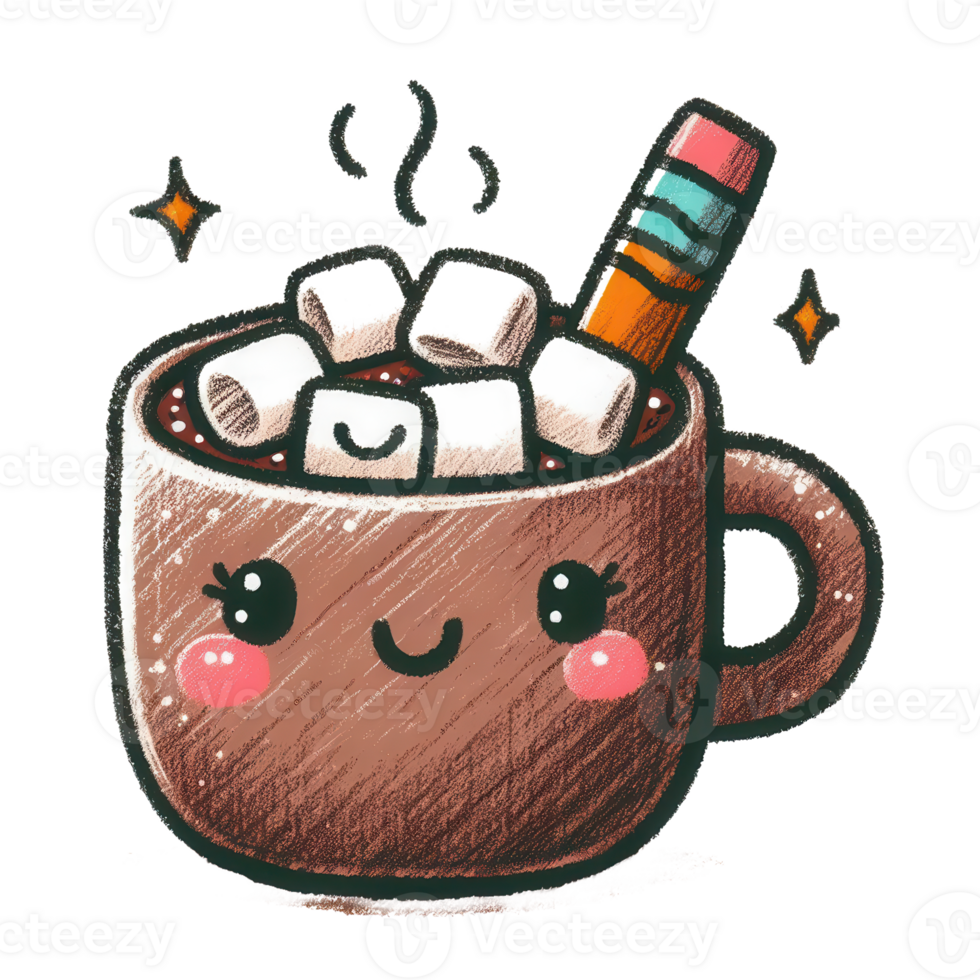 A cup of hot chocolate with marshmallows and a pencil png