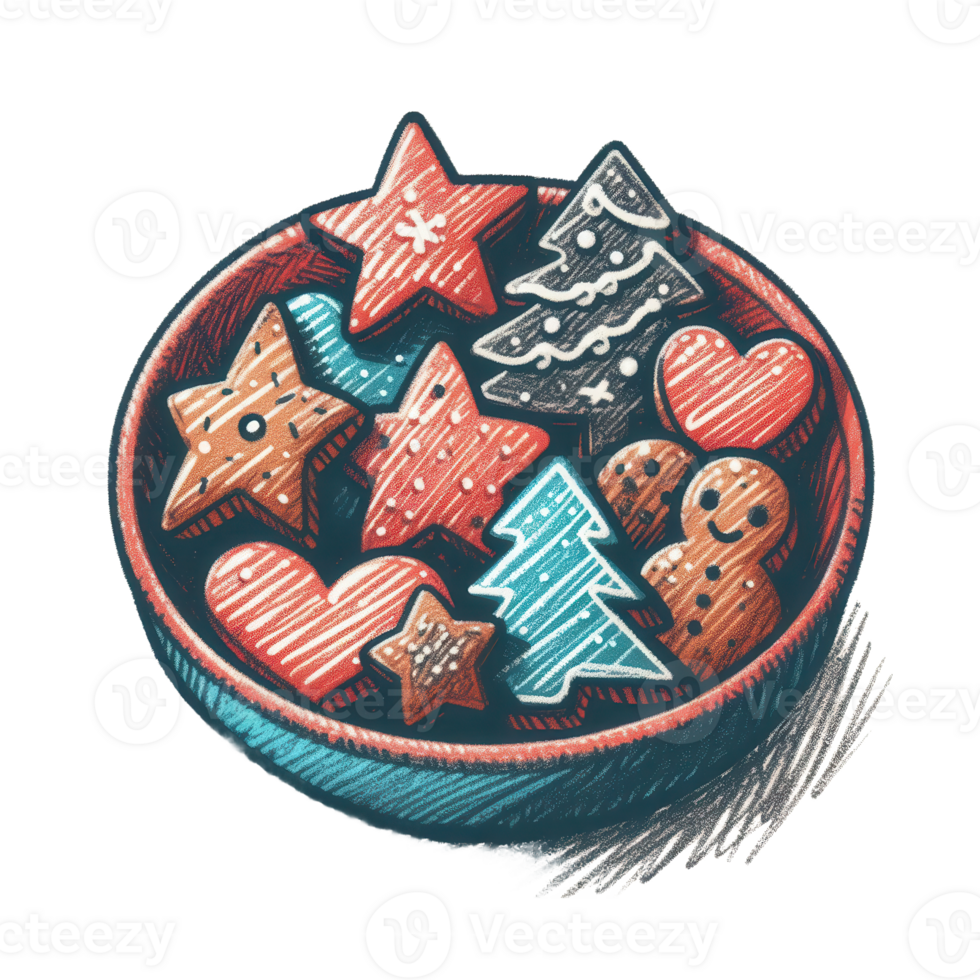 A bowl of christmas cookies with stars and hearts png