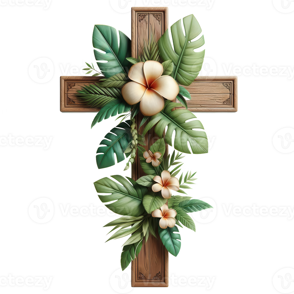 A wooden cross with tropical flowers and leaves png