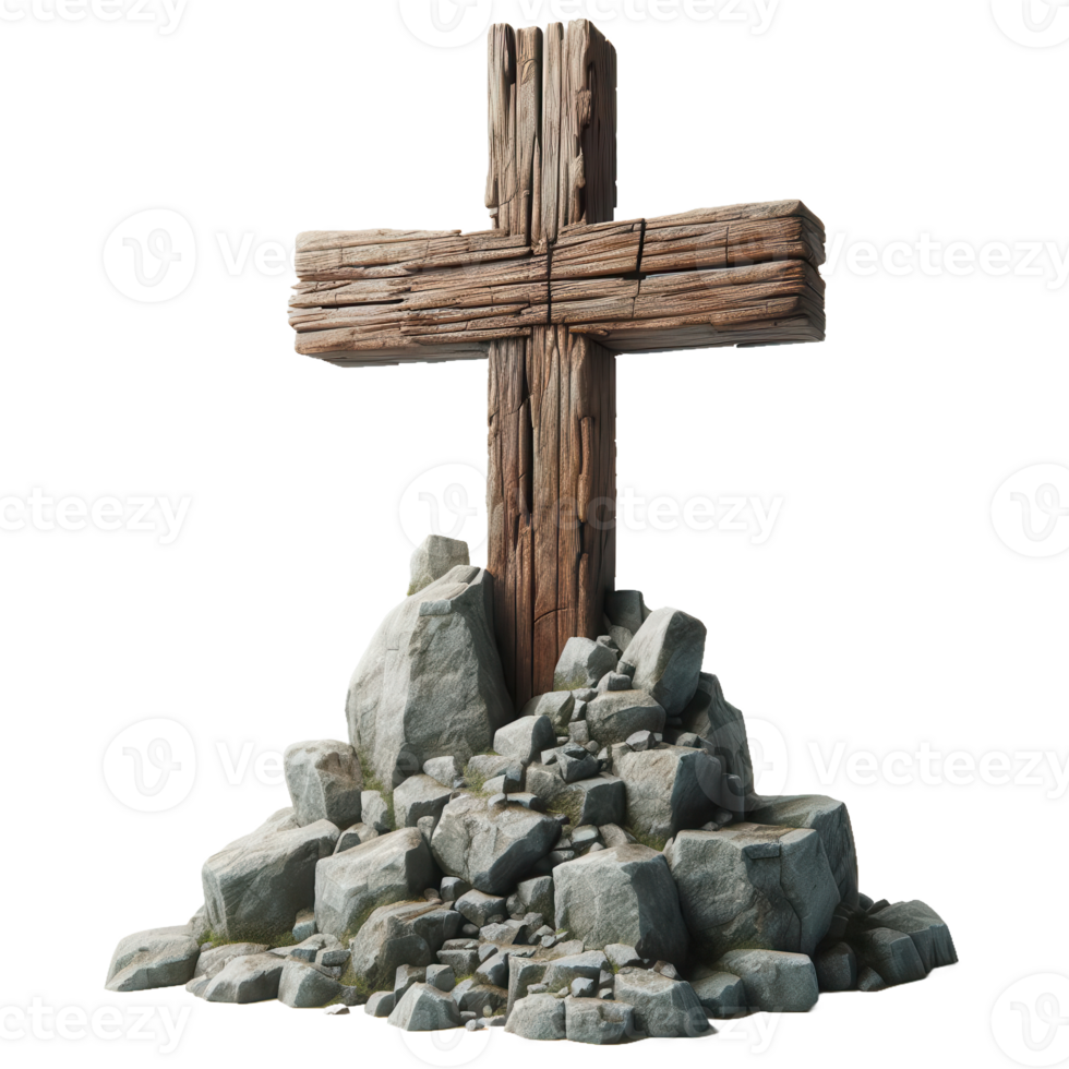 A wooden cross on top of rocks and dirt png