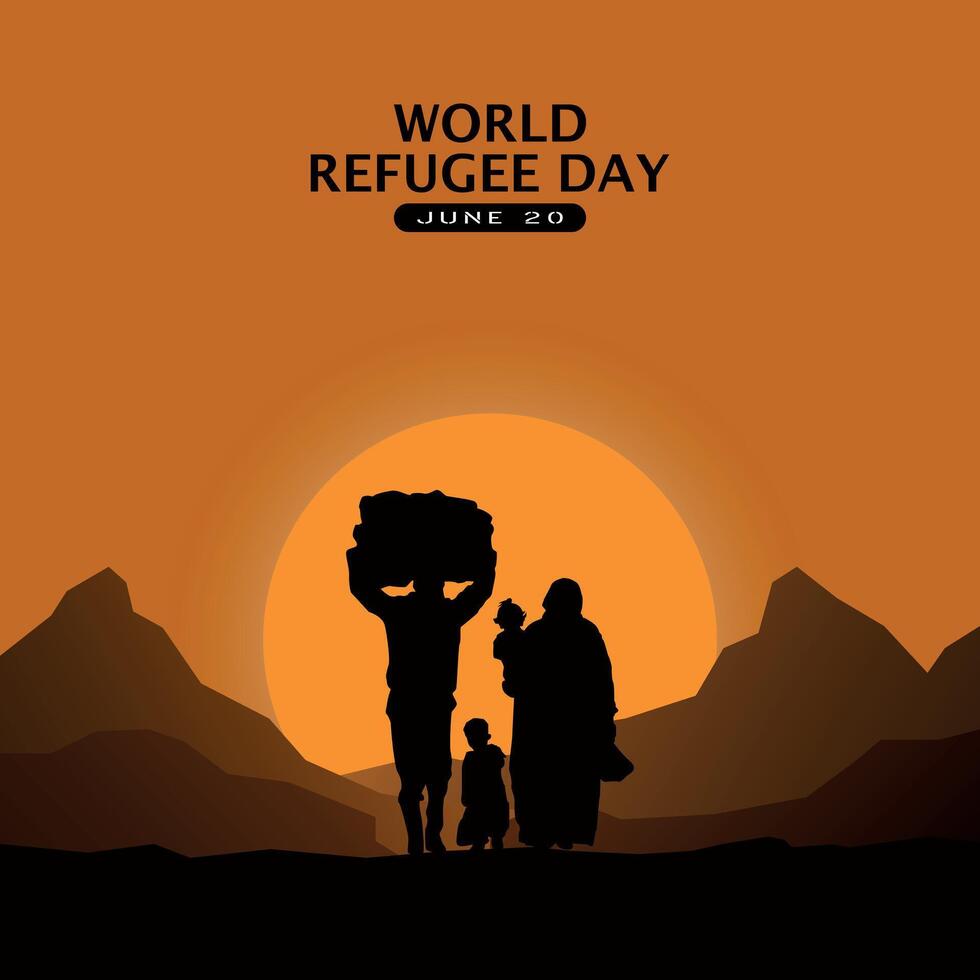 World Refugee Day Poster. Refugee family walking in the desert at sunset vector