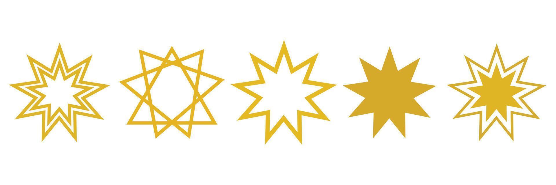 Bahai yellow star religious symbol set. Symbol Bahai star of nine angles set. vector