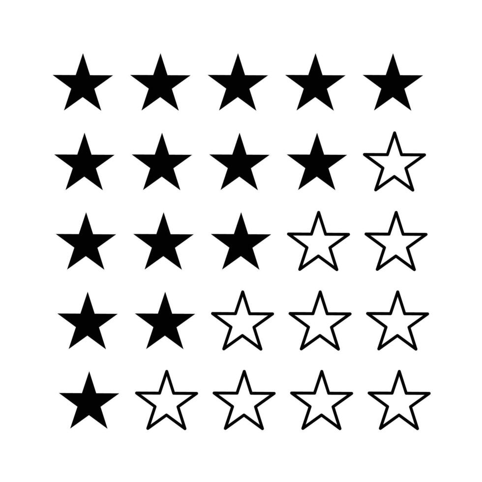 Five stars quality rating review, feedback sign icon collection. Five star rating, positive feedback icons. Customer product rating, review with five black stars. vector